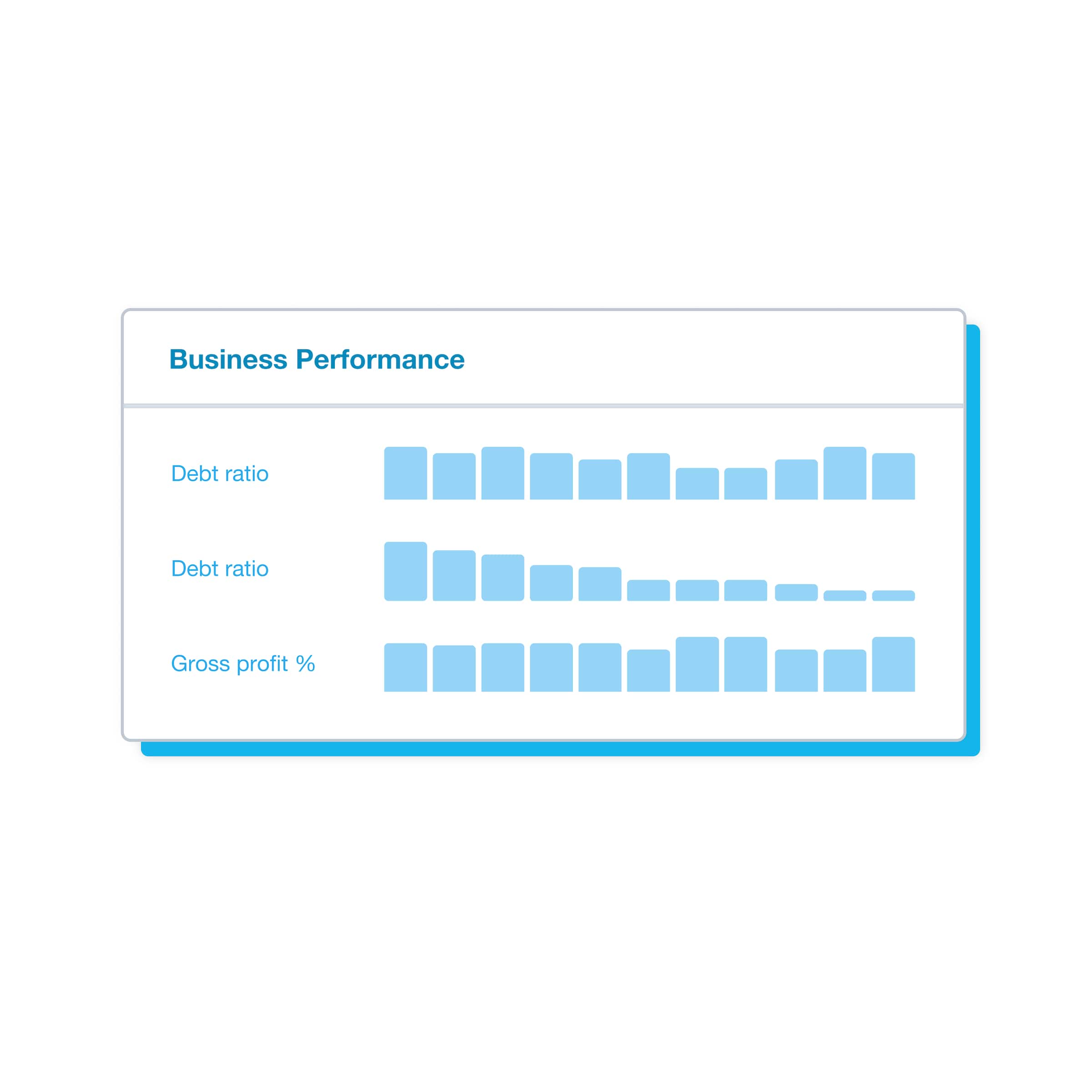 Three bar charts on the business performance dashboard show business metrics like debt ratio and gross profit.